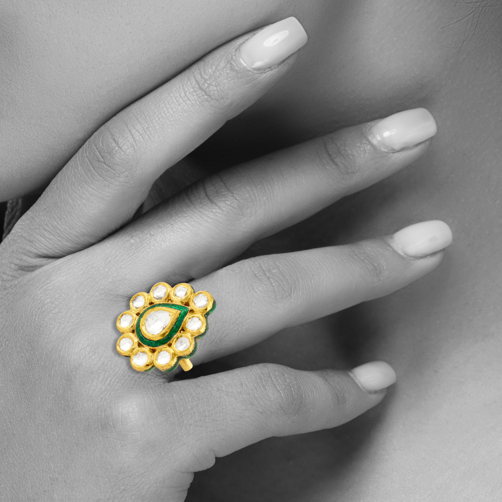 Pear-Shaped Polki Ring with Green Meena and Polki Cluster